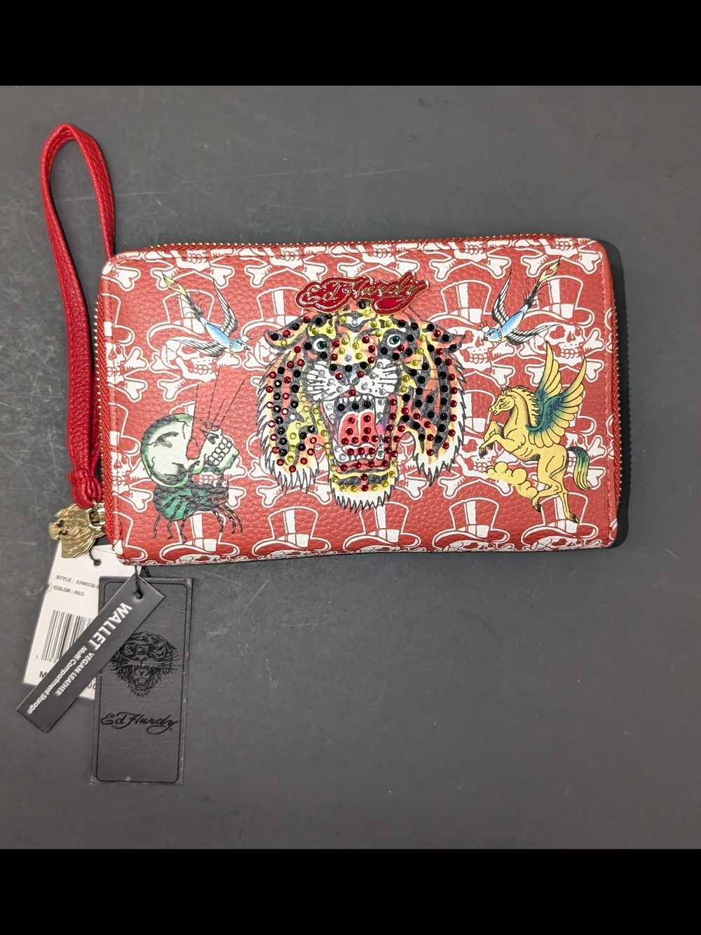 NWT Ed Hardy Red Tiger Gems Zip Around Wallet Wristlet Rhinestone Y2K Deadstock